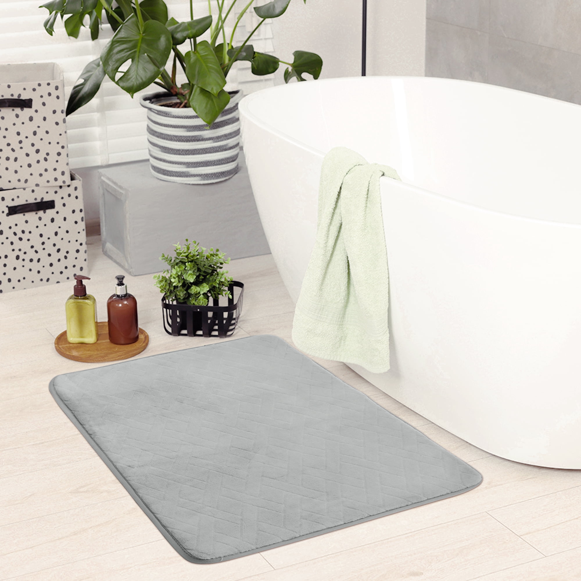 Unique Bargains Bathroom Mat Memory Foam Non-Slip Bath Rugs Grey 16" x 24"