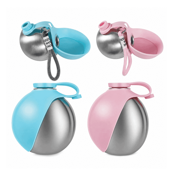 HUALAIJIN 2-in-1 Stainless Steel Dog Water Bottle, 10oz Portable Pet Drinking Bowl for Walking & Travel, Pink & Blue, 2 Pack