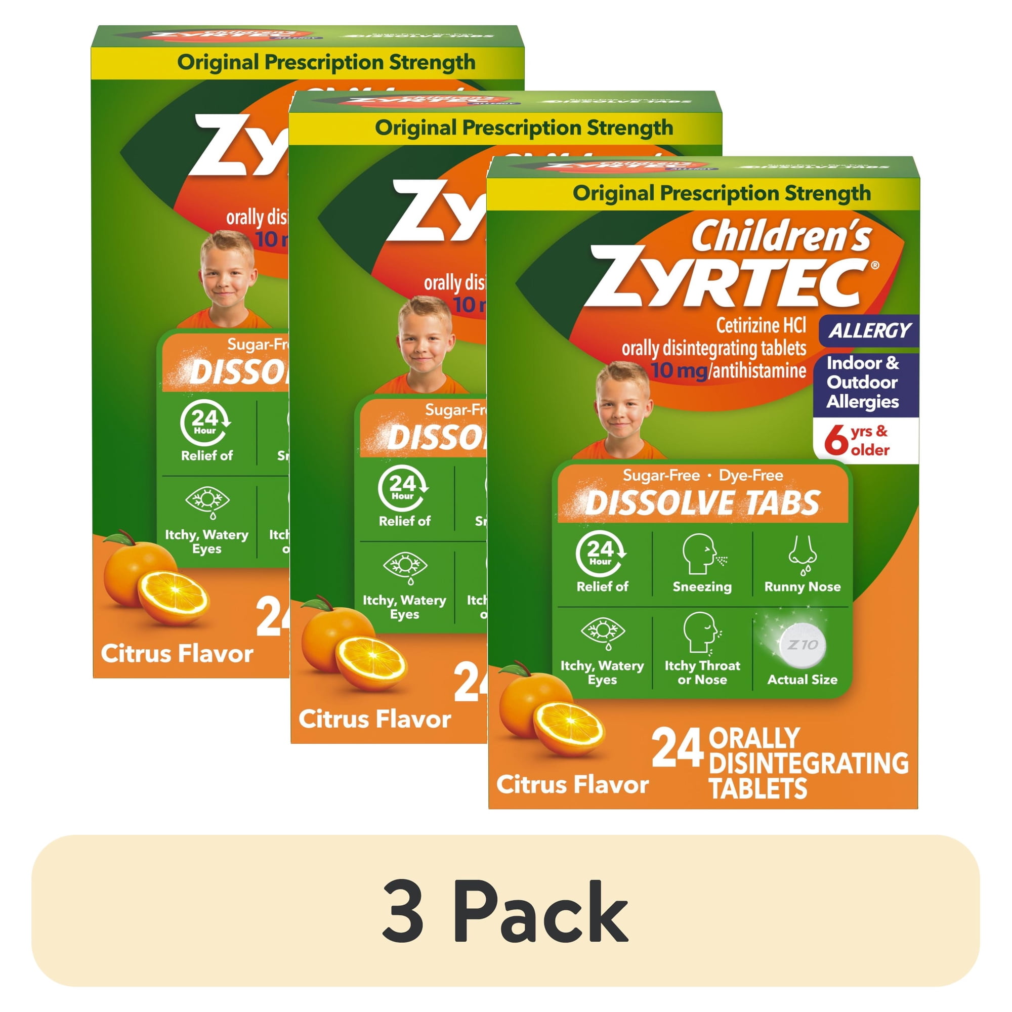 (3 pack) Children's Zyrtec 24 Hr Allergy Relief Dissolve Tablets, Citrus, 24 Count