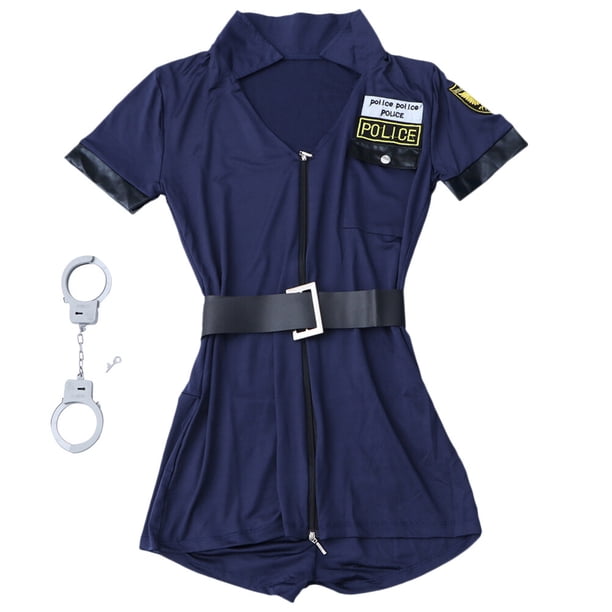 KAKOWELY Traje de fiesta para mujer policía sexy, disfraz de cosplay para juego de rol, uniforme de cosplay para fiesta de Halloween (azul, talla única, uniforme + esposas)