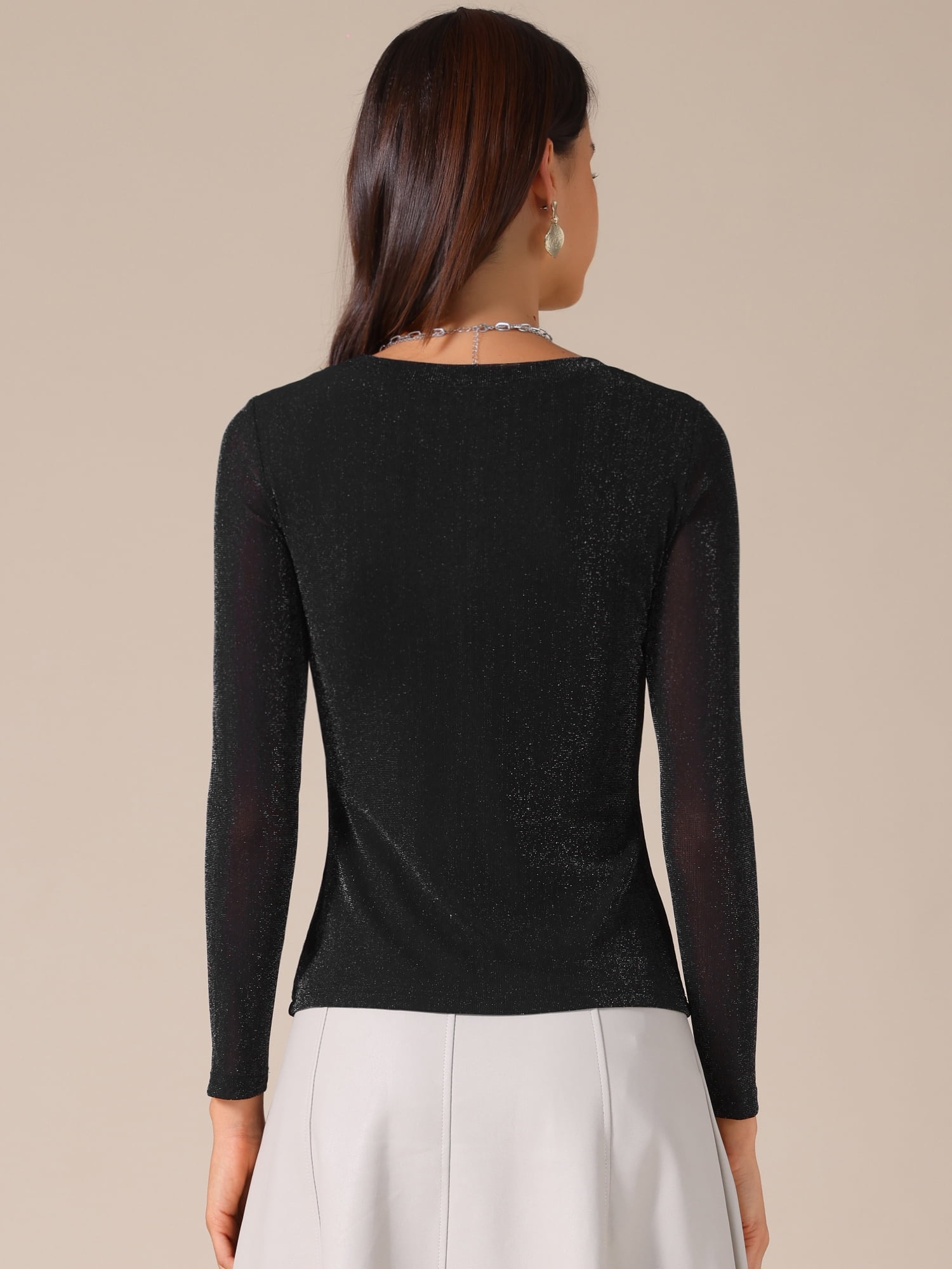 DARING DIVA Women's Long Sleeve Glitter Semi Sheer Shiny Long Sleeve Top S Black