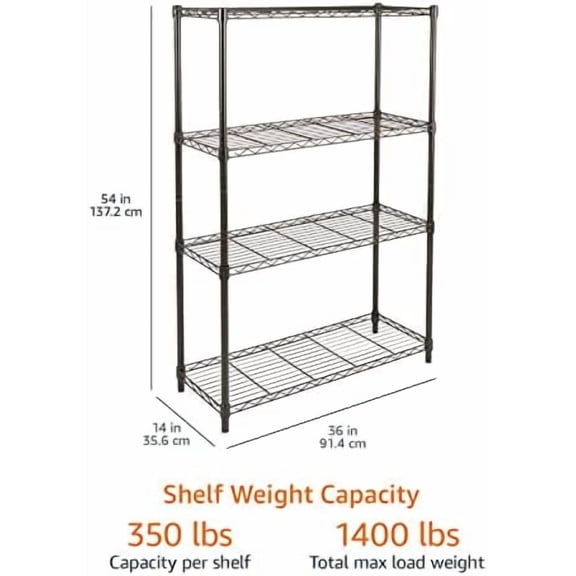 Basics 4-Shelf Steel Wire Rack, 36" L x 14" W x 54" H, Black | Heavy Duty, Adjustable, for Kitchen, Garage, Storage, Shelving Organizer
