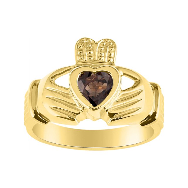 RYLOS Rings Gold Plated Silver Claddah Love, Loyalty & Friendship Heart 6MM Gem Irish Wedding Band Claddagh Rings June Smoky Quartz Jewelry Size 11