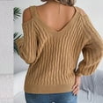 thumbnail image 4 of UTSJKR Women's Trendy Cold Shoulder Sweaters Deals 2024 Fashion Clothing Solid V Neck Pullover Tops Cable Knit Loose Oversized Jumper Long Lantern Sleeve Sleeve Fall Sweaters Khaki M, 4 of 8