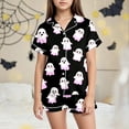 thumbnail image 2 of Caqnni Halloween Pjs Girls Satin Pajamas Set Pumpkin Print Short Sleeve Button-Down Shirt and Shorts 2 Piece Sleepwear Girls Halloween Pajamas Sets (10-11 Years,Light Pink), 2 of 5