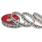 Holiday Time Gift Wrap Ribbon, White Satin with "Let It Snow" Print, Polyester, 5/8"/25'
