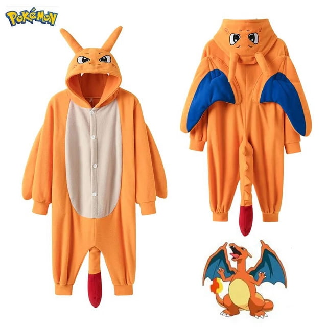 Mono de Cosplay de Pokémon Charizard para niños, disfraz de Halloween, regalo de Navidad, Pijama de cuerpo completo de dragón, Pijama de lana de una pieza
