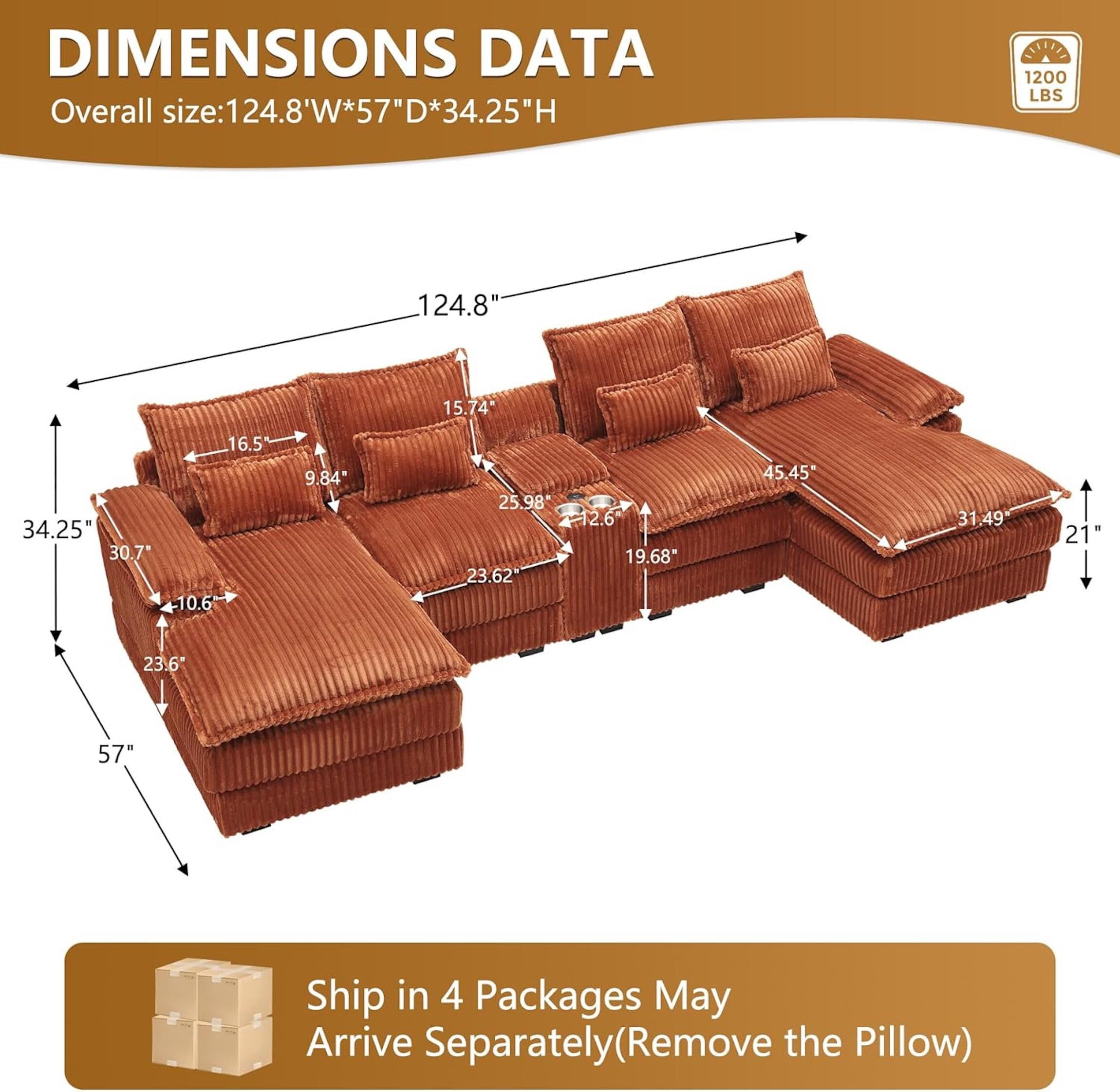 Aisword 124" U Shaped Cloud Couch Sectional with USB Charging, Hidden Storage, Cup Holders & Chenille Double Chaise, Orange