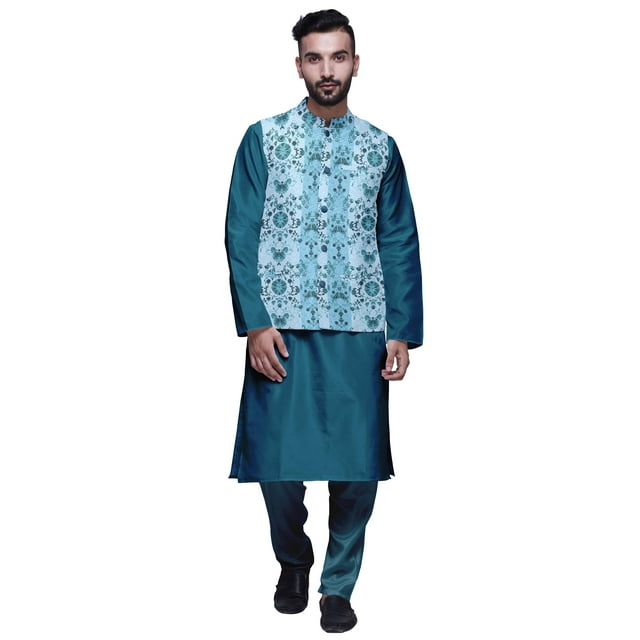 Atasi Kurta Traditionnelle Unie avec Col Mandarin et Veste Imprimée