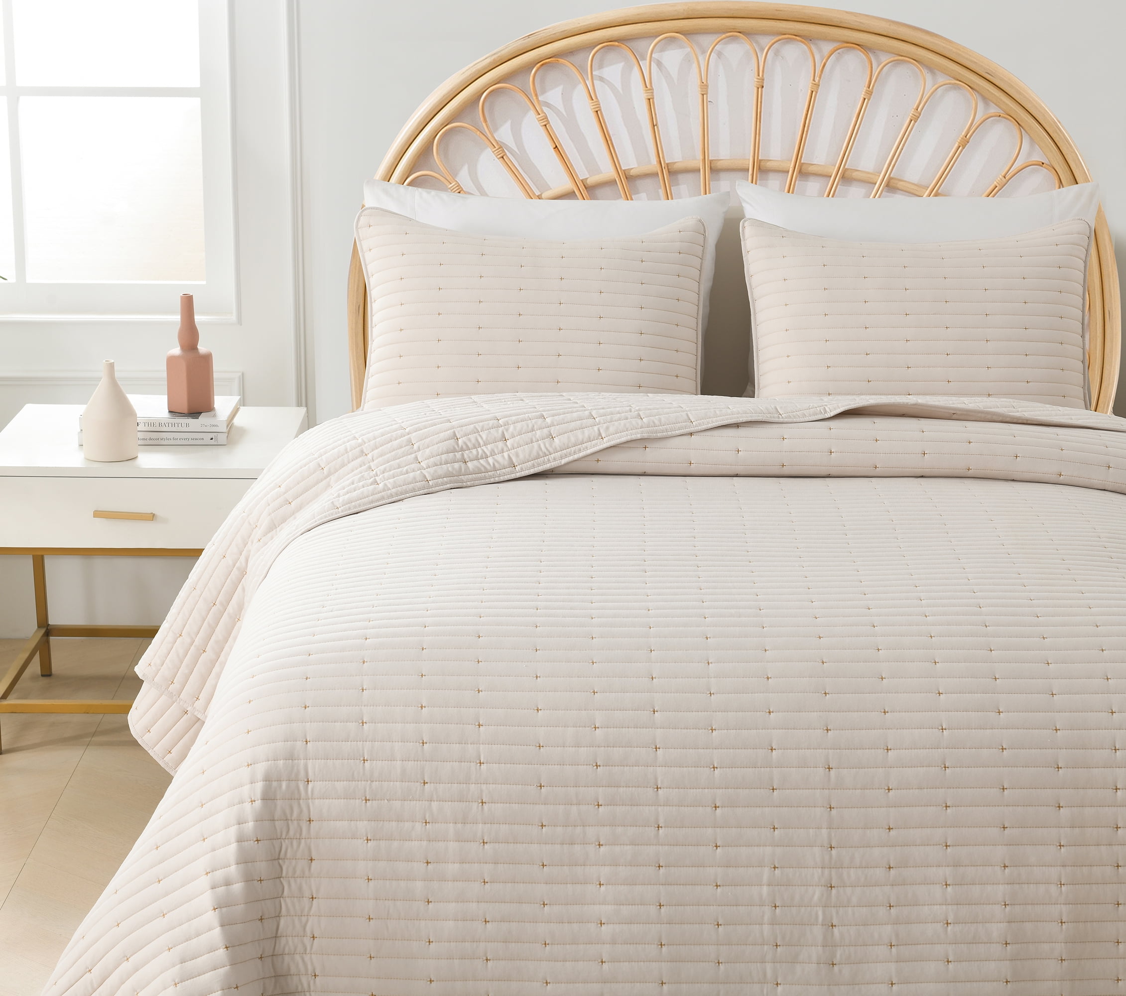 3-Piece Queen Size Quilt Set, GREAGLE Soft Lightweight Quilt for Queen Bed, Wabi Sabi Style Alternative Down Cotton Warmer Comforter /Bedspread /Bedding Set with Pillow Shams, 90 x 90 inch, Beige