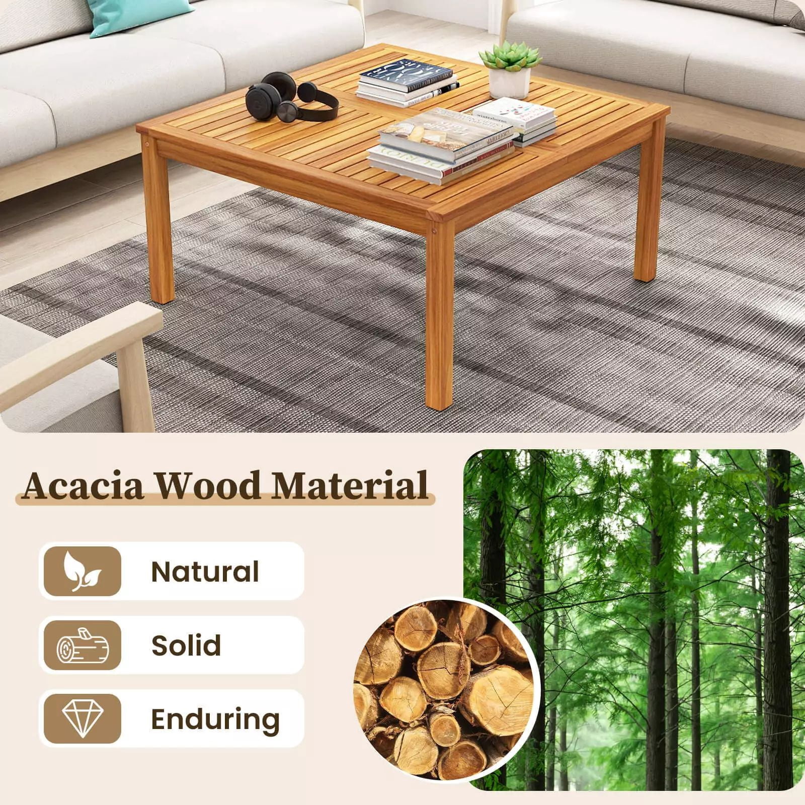 Harmijoy Outdoor Coffee Table, Acacia Wood Patio Table with Slatted Tabletop, Square Coffee Table for Outside Balcony, Garden & Poolside, Natural