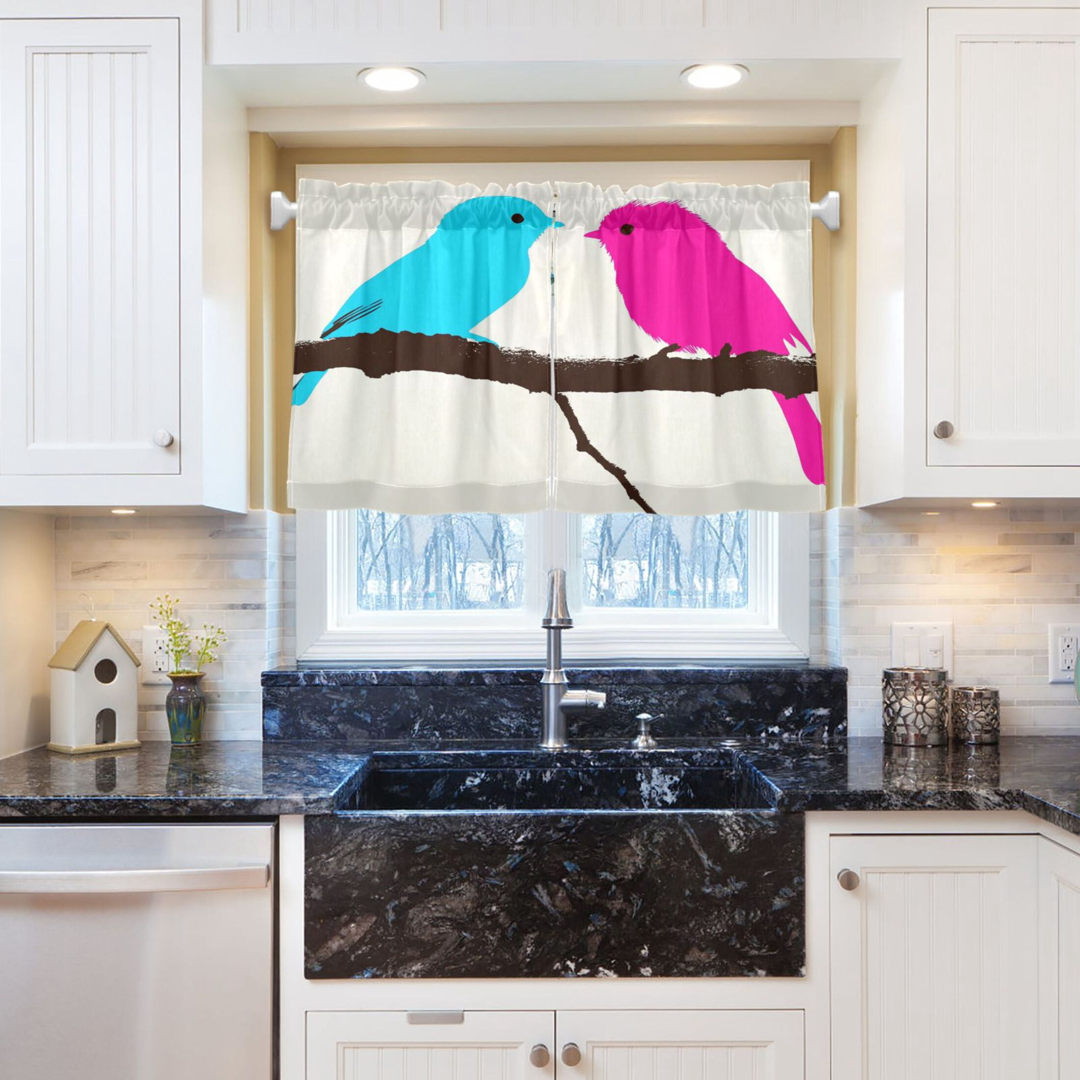 Colorful Birds 27"x36" Linen Look Cafe Curtain Set with Privacy and UV Protection