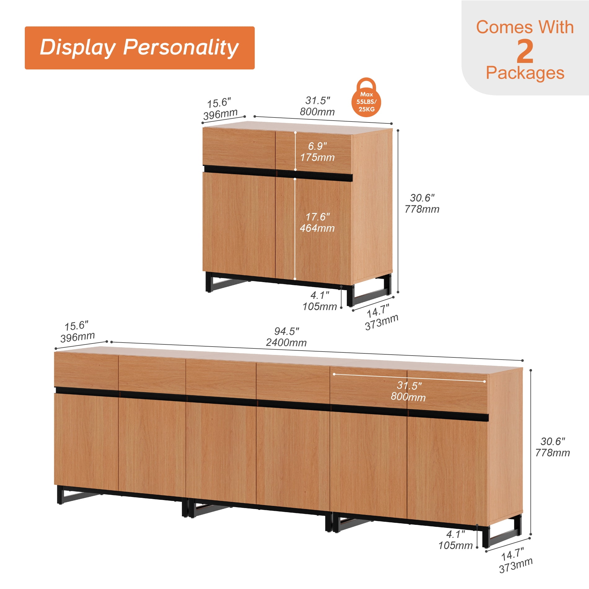 WAMPAT 94.5" TV Stand with Doors,Modern TV Stand for TVs up to 110 Inch,3 Packs Wood Entertainment Center with Adjustable Shelves & Metal Base.
