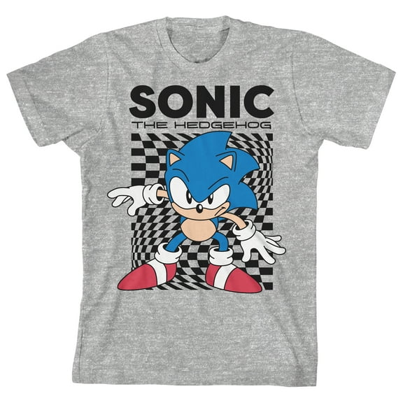 Sonic The Hedgehog Warped Checkered Background Crew Neck Short Sleeve Gray Heather Youth T-shirt-Large