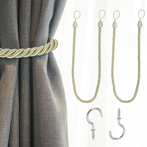Uxcell 2 Pack Curtain Tiebacks, 75cm/29.5" Braided Drapery Holdback Holder Decorative Rope Tie Back with Metal Screw Hooks for Home Office Decor, Beige