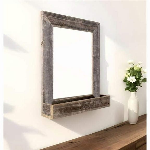 HomeRoots 380345 Rustic Weathered Gray Reclaimed Wood Plank Mirror with Shelf
