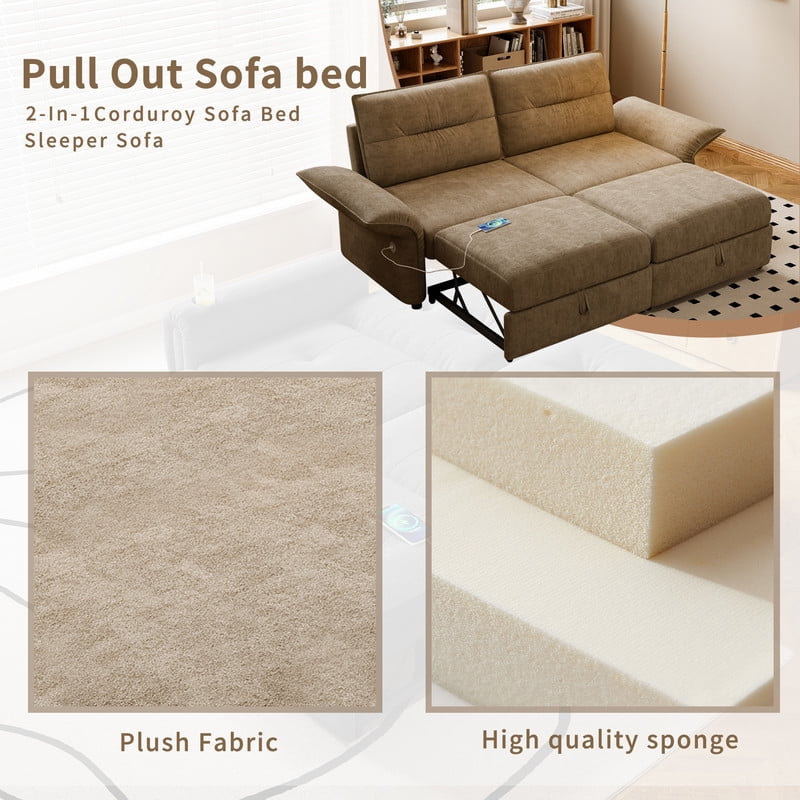 85" Convertible Sofa Bed, 2-in-1 Sleeper Sofa with Plush Fabric, Full-Size Pull-Out Couch with USB Charging Ports, Solid Wood Frame, High-Resilience Foam for Living Room & Small Space