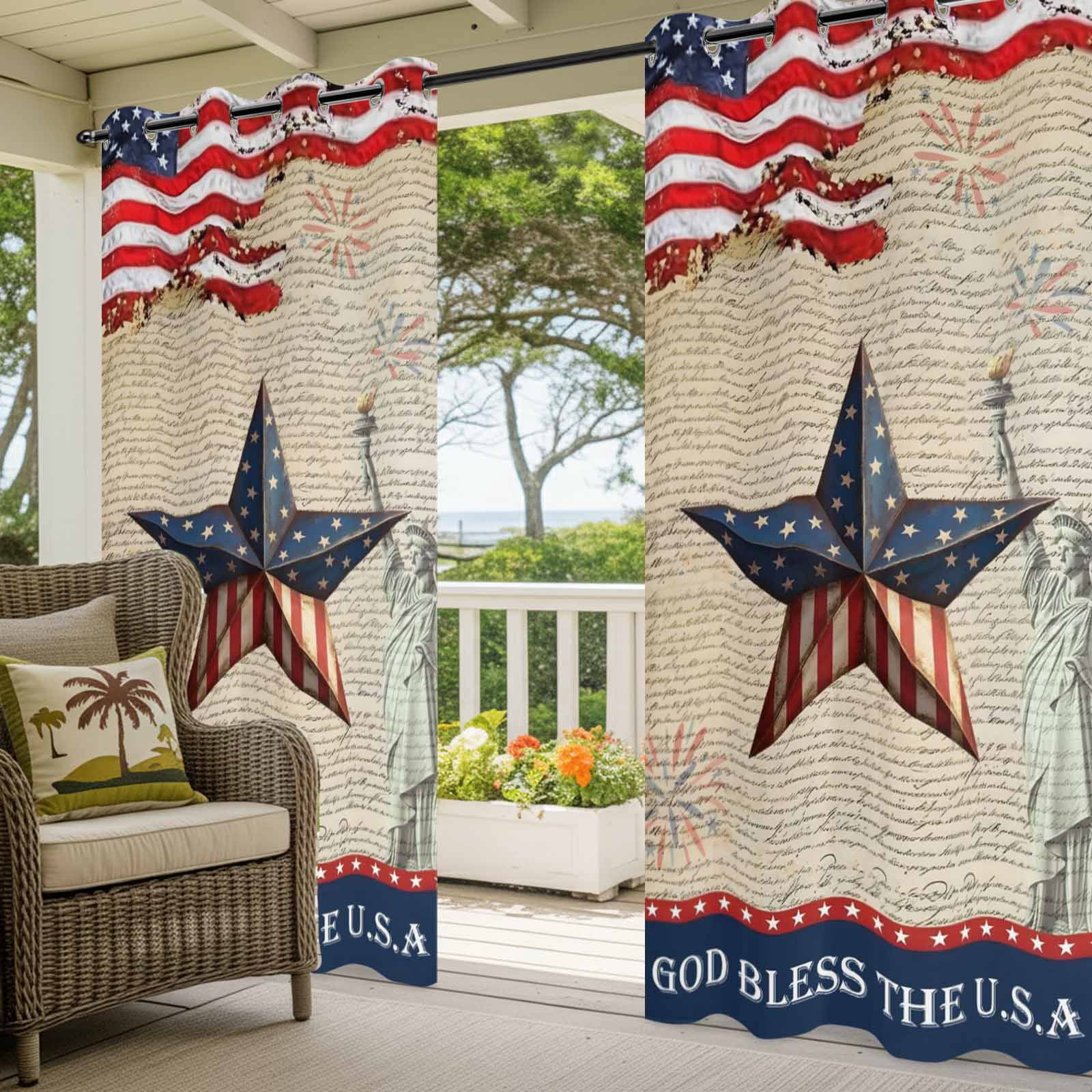 Patriotic Star Independence Day Outdoor Curtains for Patio, Bald Eagle Statue of Liberty Sunshade Privacy Drapes Grommet Waterproof Outside Curtains for Porch/Cabana/Balcony 54"x 108", 1 Panel