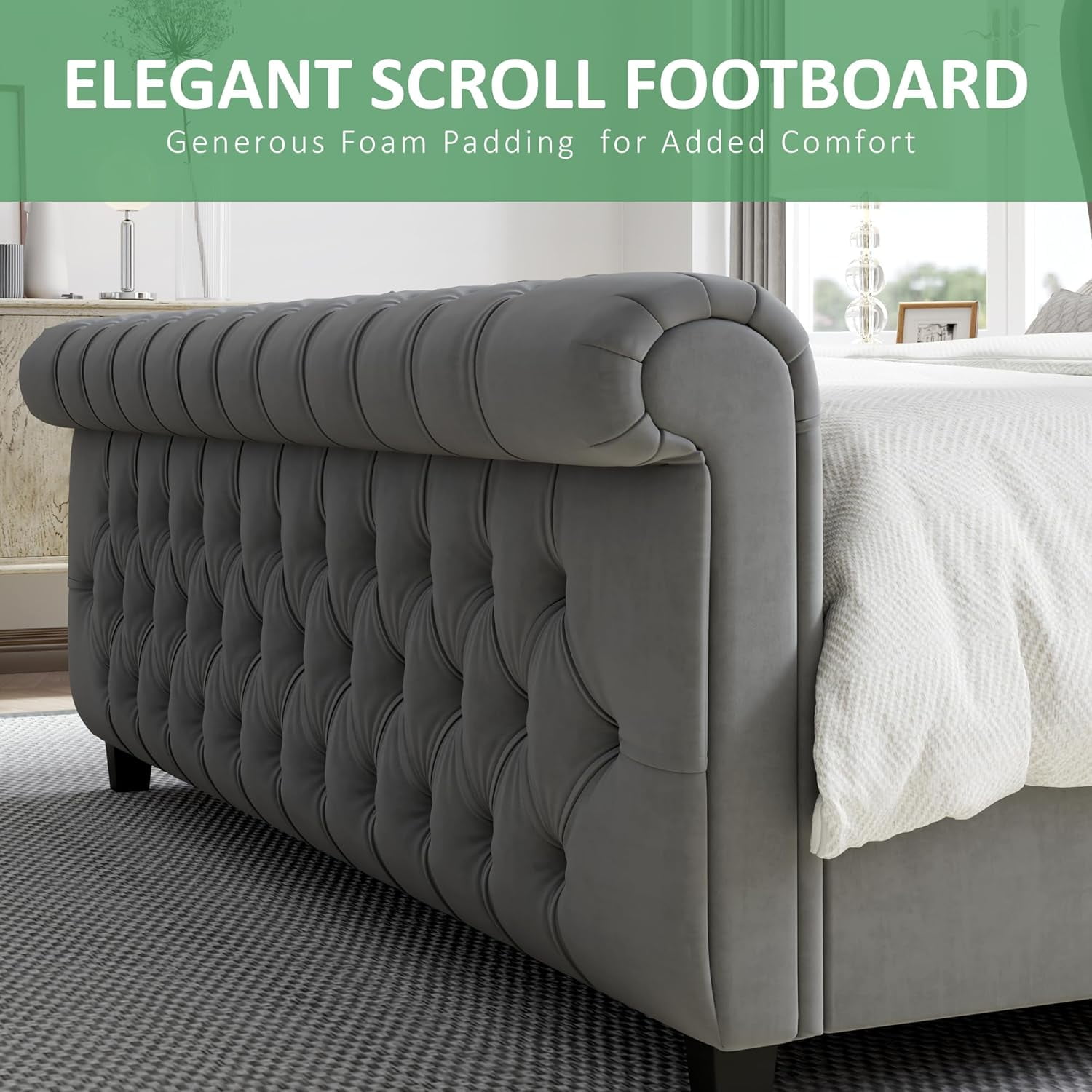 Amerlife Queen Size Bed Frame with Chenille Upholstery, Scroll Wingback Headboard and Footboard, Grey
