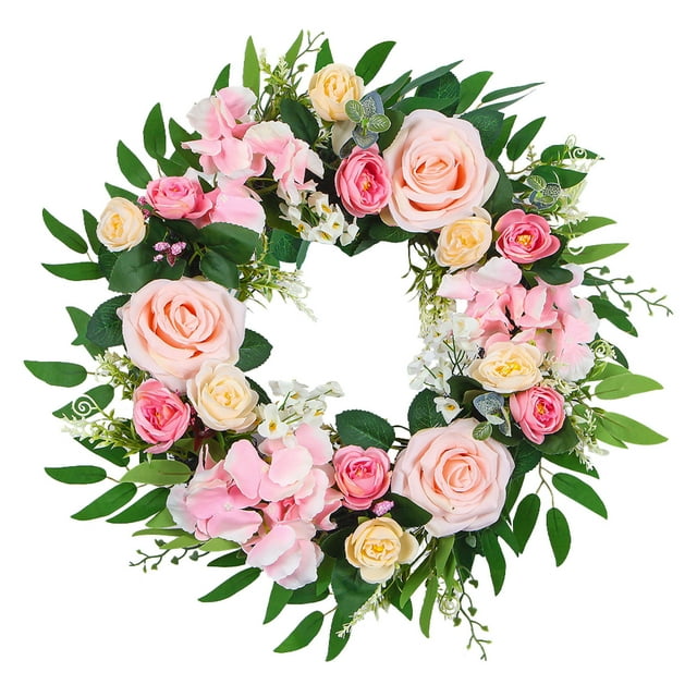 Couronne de Produit 1 - Couronne de Rose Ar Couronne de Porte d'Entrée Rouge Couronne Florale de Printemps avec Feuilles et Fleurs pour Décoration Intérieure dans n'Importe Quelle Pièce
