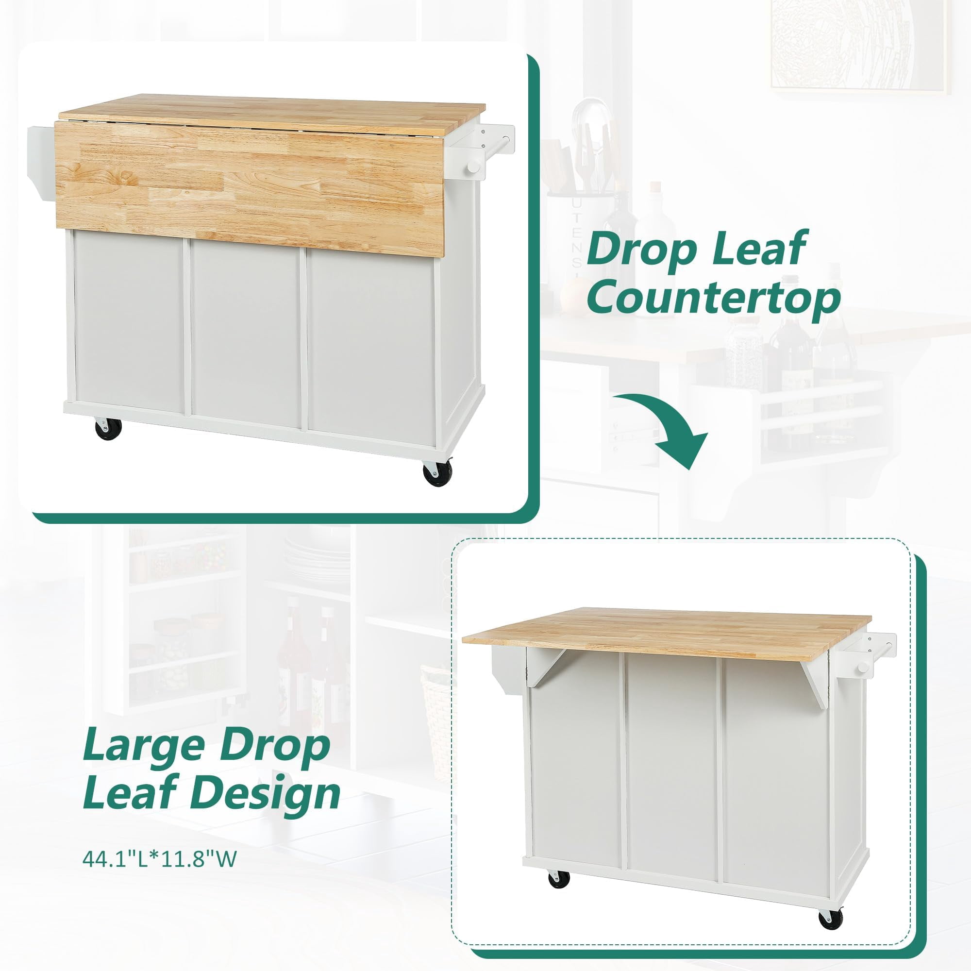 JESTOP Rolling Kitchen Island with 3 Drawers and 2 Cabinets, Kitchen Cart on Wheels with Drop Leaf, Wood Portable Trolley Island with Cabinet Door Storage Racks, for Dinning Room