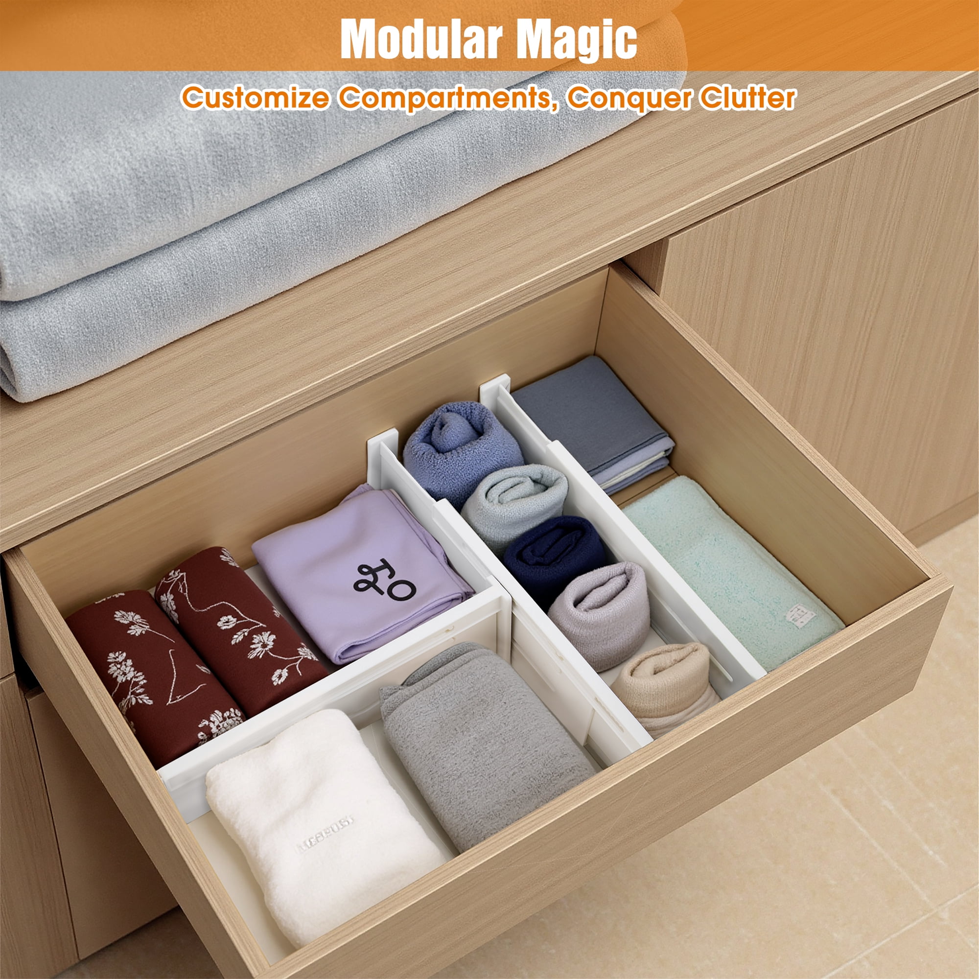 Mimifly 5 Pack Adjustable Drawer Dividers for Clothes, 3.1" High Expandable Dresser Organizers, 10.6"-17.7" Separators with Foam Pads, White