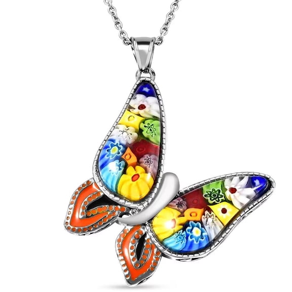Murano Style Millefiori Glass Butterfly Necklaces for Women - Colorful Boho Necklaces for Women - Beach Jewelry Anniversary Engagement Stainless Steel 20 Inches Christmas Gifts