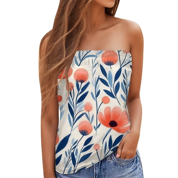 Gibobby Mujeres Casual Vacaciones Vacaciones Impresión Bandeau Sin tirantes Sin mangas Verano Top(Naranja,M)