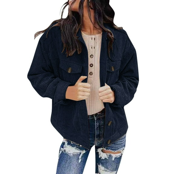 ZHOUCHANKIDS Women's Corduroy Loose Jacket Vintage Raglan Sleeve Casual Coat Hooded Windbreaker Navy L