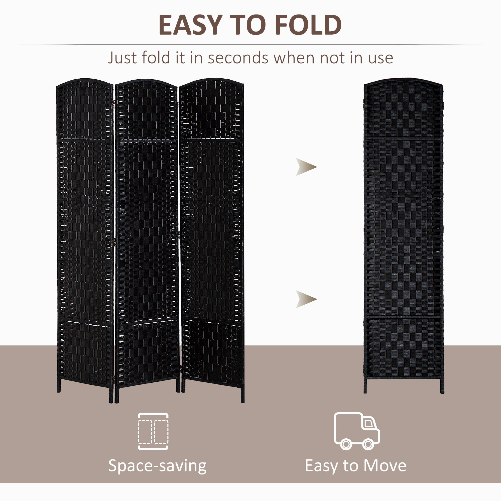 Dranite 3-Panel Folding Room Divider, 6FT Tall Portable Wicker Weave Privacy Screen, Black Partition Wall for Bedroom Home Office