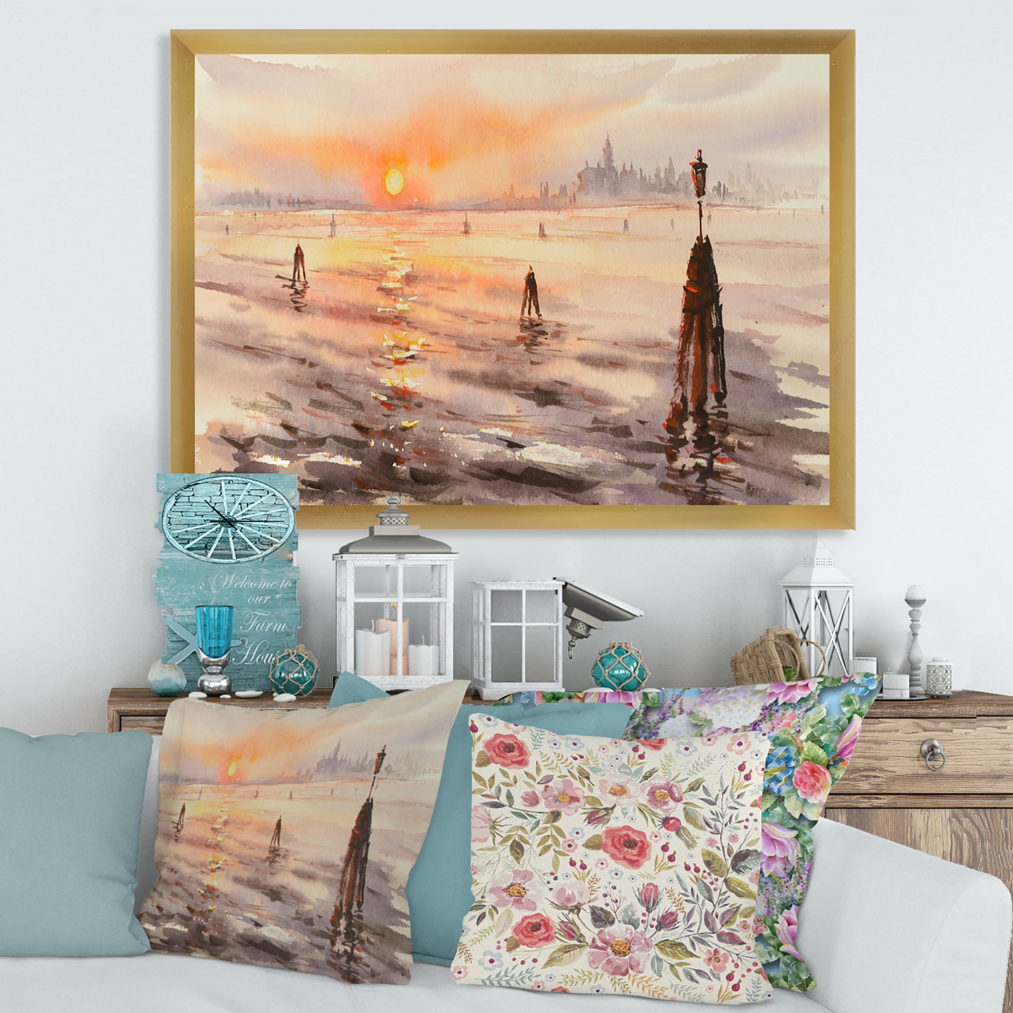 Designart 'Panorama of Venice Laguna Beach At Sunset' Nautical & Coastal Framed Art Print