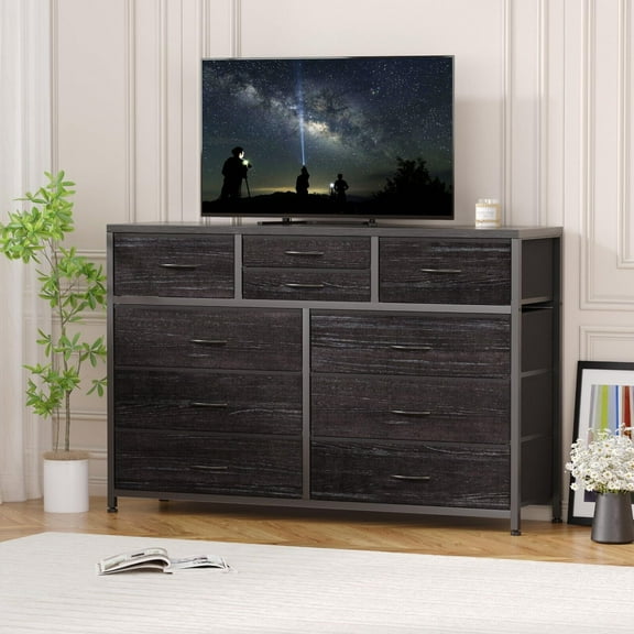 Jojoka 10-Drawers TV Stand Entertainment Center for 55" TV, Dresser Chest of Drawers for Bedroom, Wood Top & Fabric Drawer Storage Organizer Console Table for Living Room, Entryway, Rustic Black