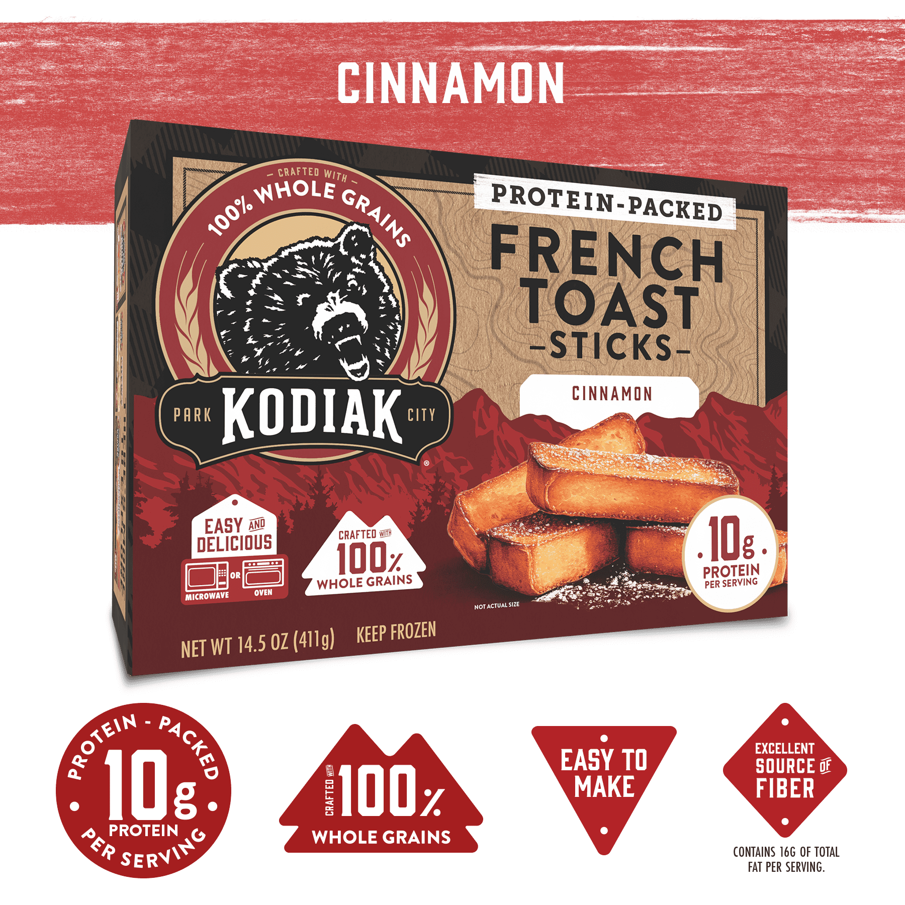 Kodiak Protein-Packed Cinnamon French Toast Sticks, 14.5 oz Box (Frozen)