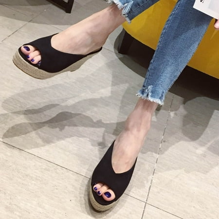 

Womens Comfortable Wedge Sandals- Solid Color Plush Casual Sandals Black Size 4.5