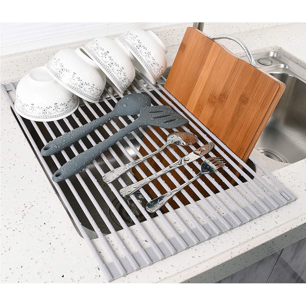 Roll-Up Dish Drying Rack, Over the Sink Drying Mat,- Multipurpose Dish  Drainer - Fruits And Vegetable Rinser - Durable Silicone Covered Stainless  Steel Large 20-1/2L x 12-3/4W