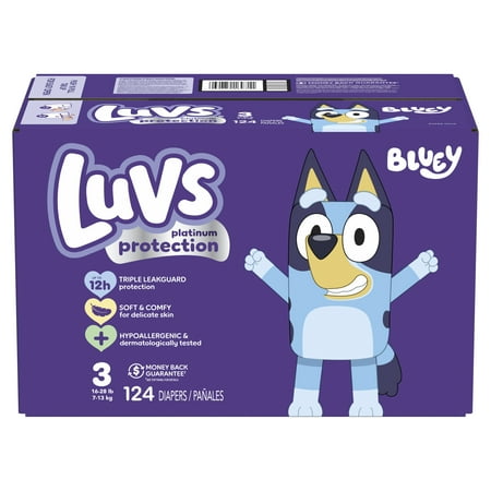 Luvs Platinum Protection Bluey Edition, Disposable Baby Diapers - Size 3, 124 Count