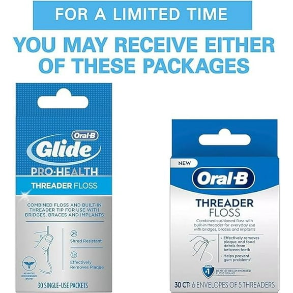 Glide Threader Floss, 30-Count Boxes of Single-Use Packets (Pack of 4)