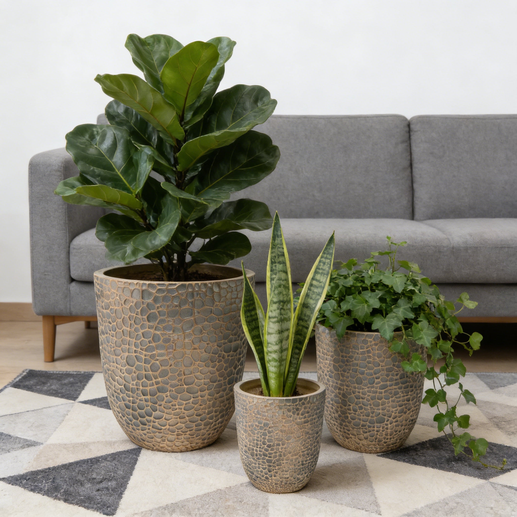 Outdoor Planter Set, 3 Pack Round Magnesium Oxide Plant Pots with Drainage Holes for Home Garden Patio, Gold Grey-Blue