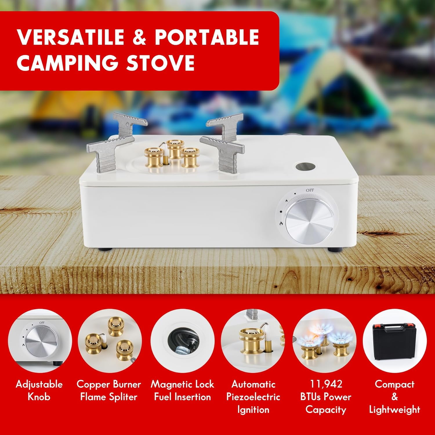 McKay Portable Camping Stove, Single Burner with Carry Case, Butane Propane Compatible, 11942 BTUs, White