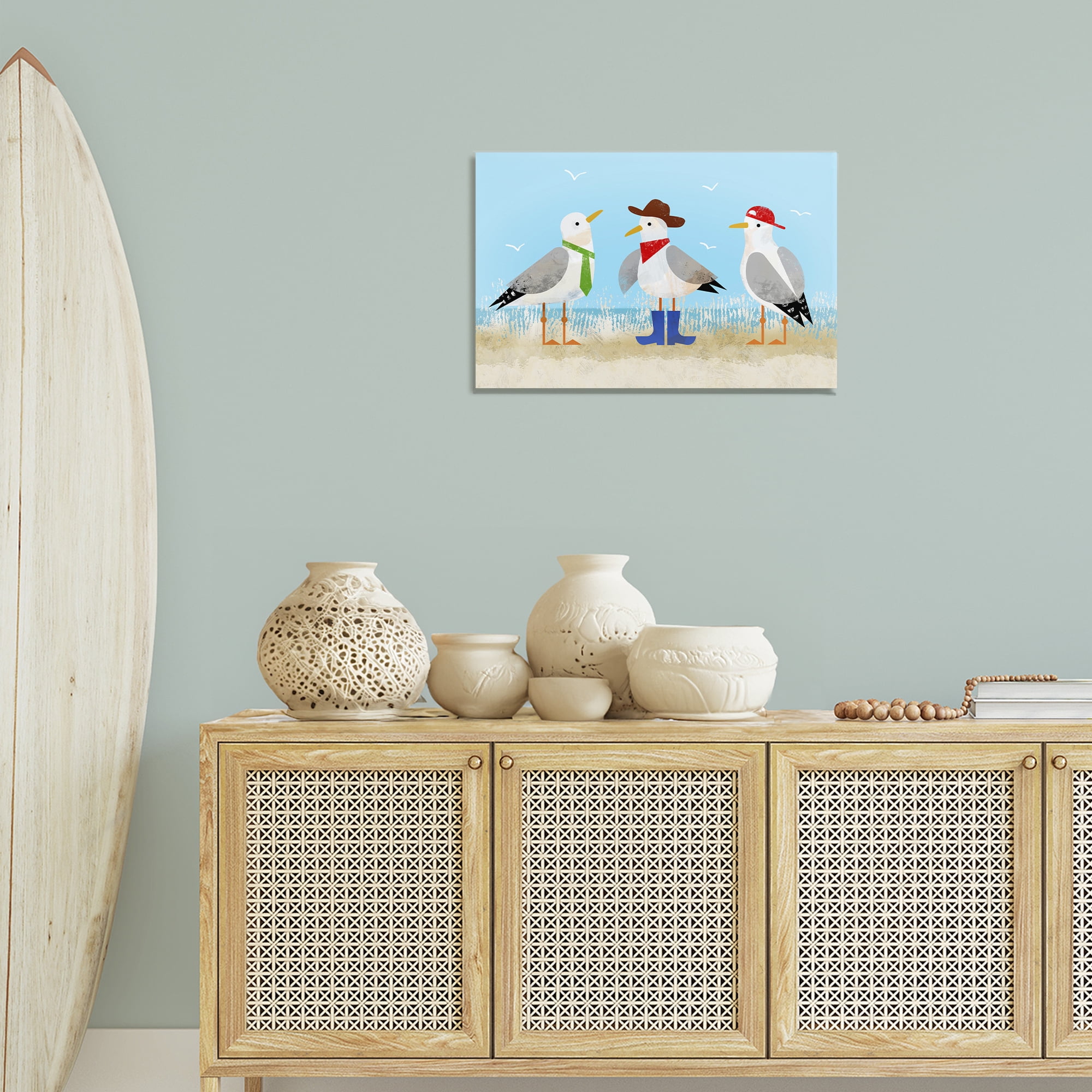 Stupell Industries Dressed Seagulls on Beach Animals Painting Wrapped Canvas Art Print Wall Art, 24 x 16