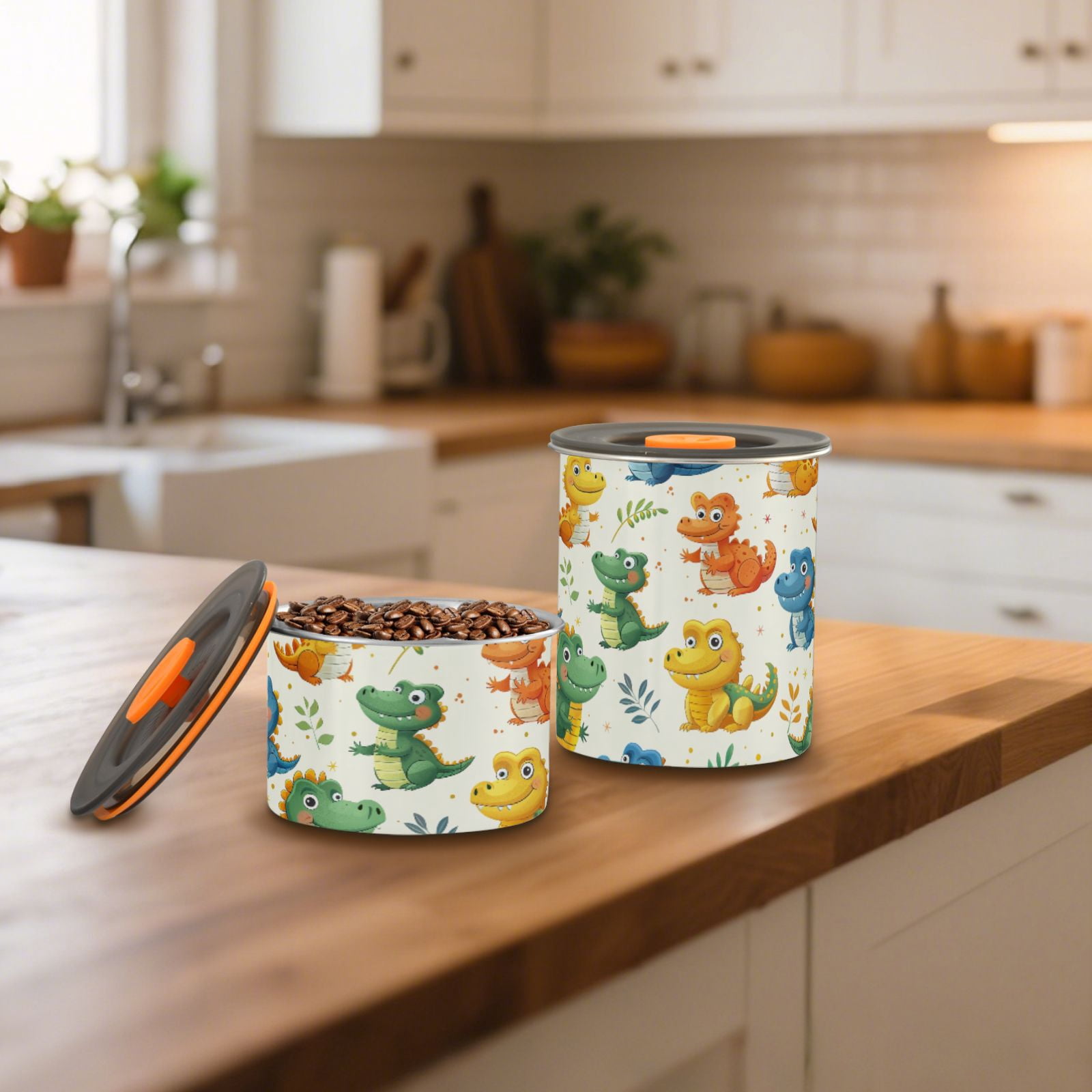 Cute Crocodile Cartoon Airtight Coffee Bean Canister 30oz Food Storage Containers with Lids For Gournd, Tea, Sugar, Flour, Rice, Cereal, Candy Cookie Jar