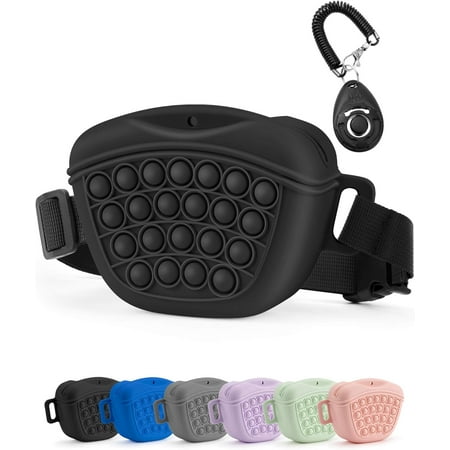 Dog Treat Pouch with Training Clicker 2.0-Upgrade Stronger Magnetic Closure to Avoid Spilling 1.67 Cup Silicone Treat Bag Fanny Pack with Waist Belt for Pet Training Walking (Gray)