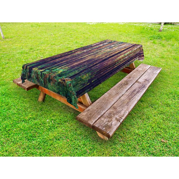 Forest Outdoor Tablecloth, Forest in the Morning Tall Trees Trunks Greenery Natural Environment Picture Print, Decorative Washable Fabric Picnic Tablecloth, 58 X 104 Inches, Green Brown, by Ambesonne