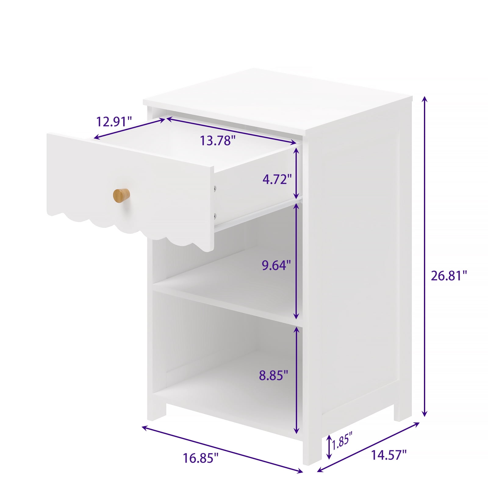 Yoneston Elegant 3-Tier Open Shelf Nightstand with Drawer Storage for Kid's Room Bedside Bedroom, Snow White