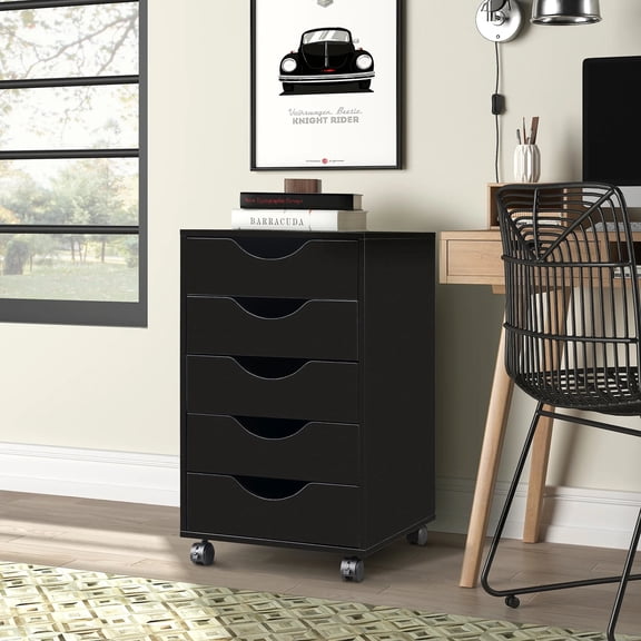 5 Drawer Storage Organizer, 25.39'' Height File Cabinets Dressers With Wheels, Wood Underdesk Cabinet For Home Office, Bedroom, Study, Black