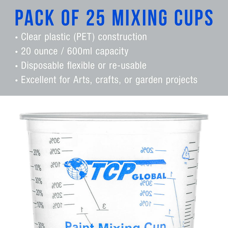 TCP Global 20 Ounce (600ml) Disposable Flexible Clear Graduated Plastic  Mixing Cups - Box of 25 Cups & 25 Mixing Sticks - Use for Paint, Resin,  Epoxy