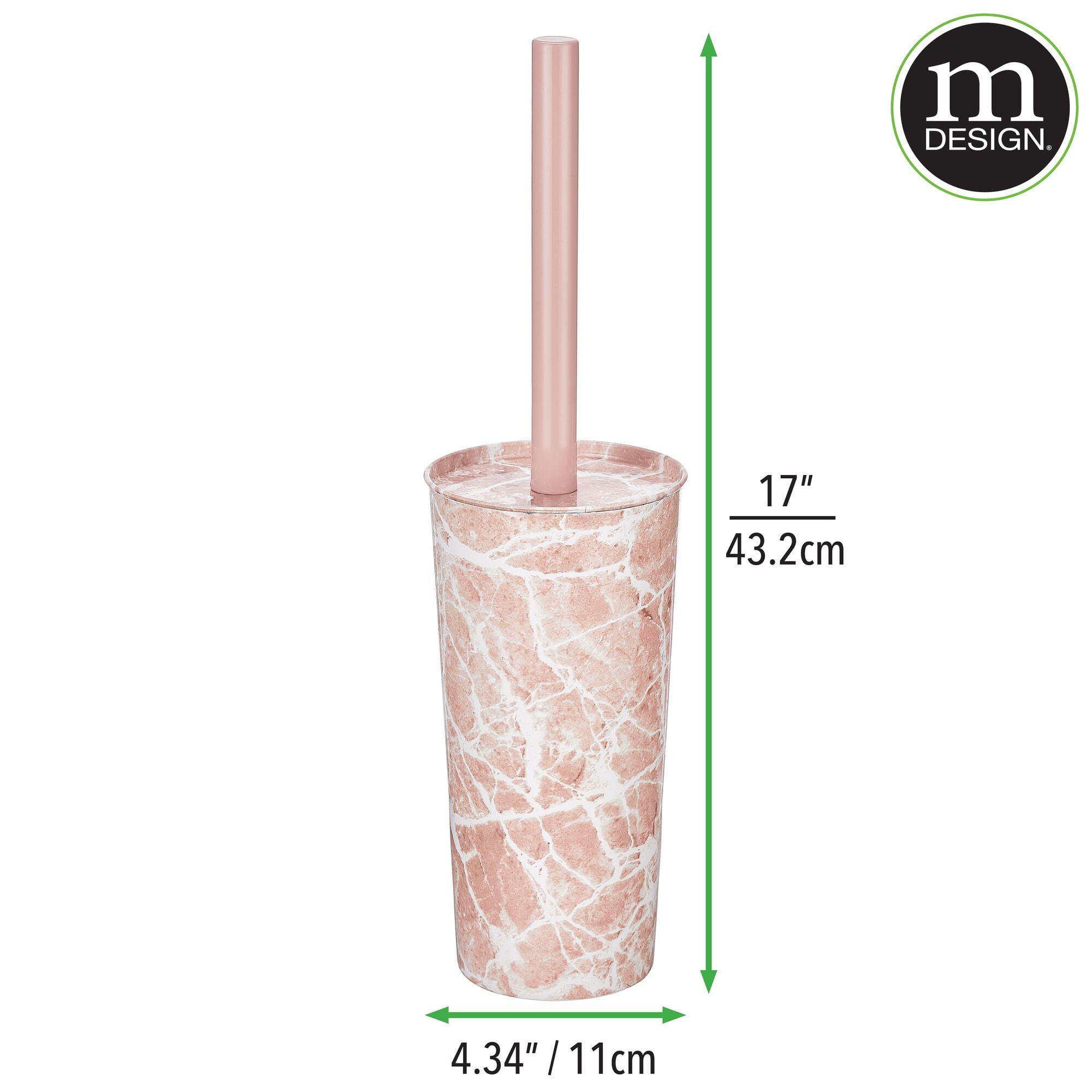 mDesign Stainless Steel Toilet Bowl Brush and Holder Set, Modern Metal Compact Storage Organizer Cleaner Scrubber for Toilet - Heavy Duty Cleaning Plunger for Bathroom, Mirri Collection, Pink Marble