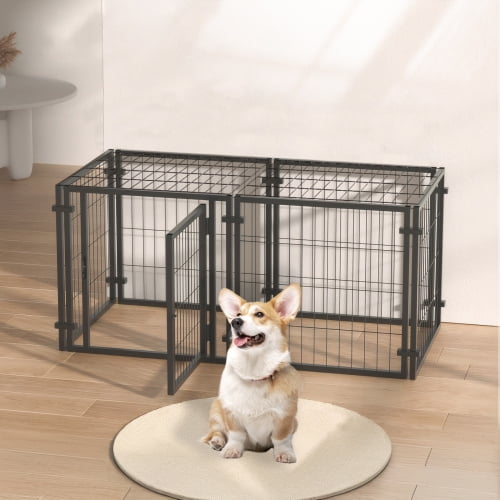 47.2 "caja de perro para perros pequeños y medianos grandes, cachorro de perro playpen para patio uso interior al aire libre, perro de la jaula de mascotas" Caja para perro Akka 47.2" vista frontal con puerta abatible abierta; reja metálica negra de barras verticales y panel superior enrejado, pestillos visibles en la puerta, sobre piso de madera con cachorro sentado en alfombra redonda delante, adecuada como corral para perros en interiores y patio y adecuada para entrenamiento temporal.