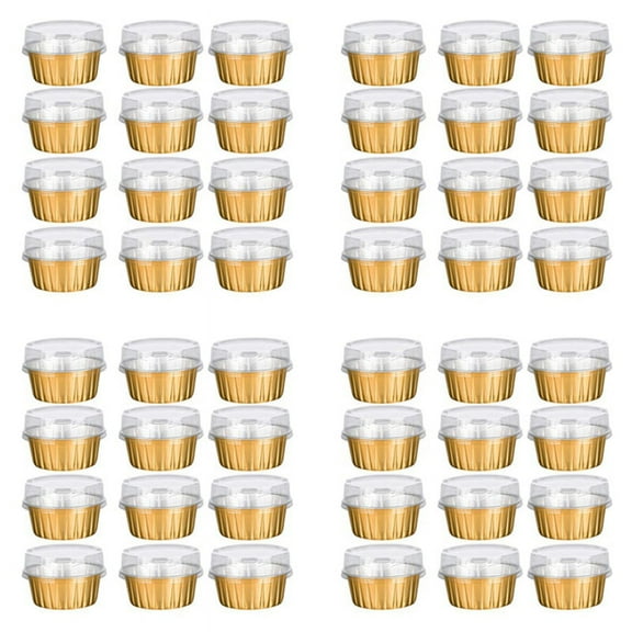 Dessert Cups with Lids, 200 Pack Gold Aluminum Foil Baking Cups Holders, Cupcake Bake Utility Ramekin Clear Pudding Cups