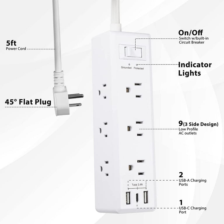 Power Strip with 3 Outlet & 3 USB - 6 FT Cord with Low Profile Flat Pl - BN- LINK
